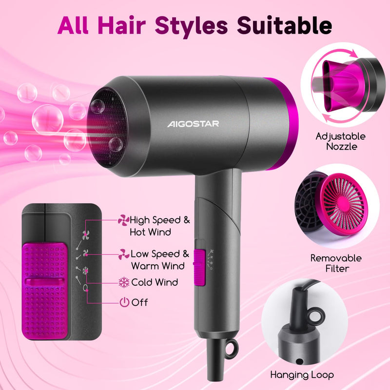 Aigostar Foldable Ionic Hair Dryer 1800W, Portable Travel Blow Dryer with Concentrator & Storage Bag, 2 Heat Settings & Cool Shot, Compact Lightweight Hairdryer for Home, Gym & Holiday - Diane Grey/Rose Pink(foldable)