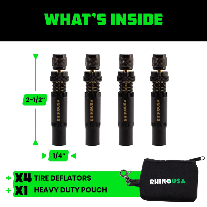 Rhino USA Adjustable Tire Deflator Kit (10-30 PSI) Ultimate Screw-on Automatic Tire Deflators for Offroad - Quick & Easy Air Down System for The Trails - Best Jeep Off Road Accessories (4-Pack) -Black Black