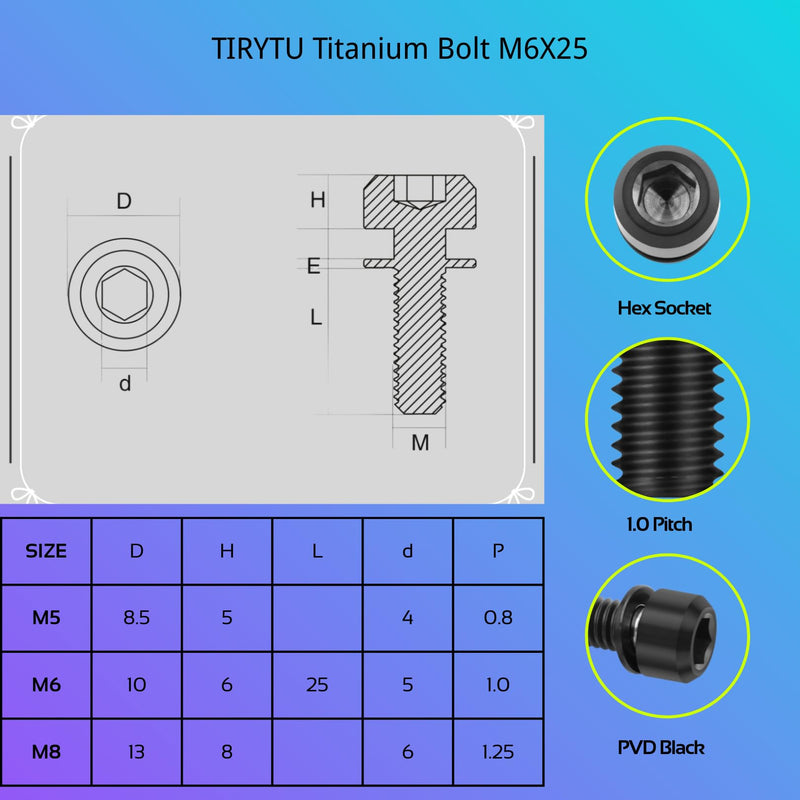 6PC Titanium Bolts M6X25mm with Washers, Lightweight Design | Ideal for Humid/Salty Environments M6 Hex Screws for Bicycle Brake Systems Motorcycle Engine Guards (Black) Black M6X25