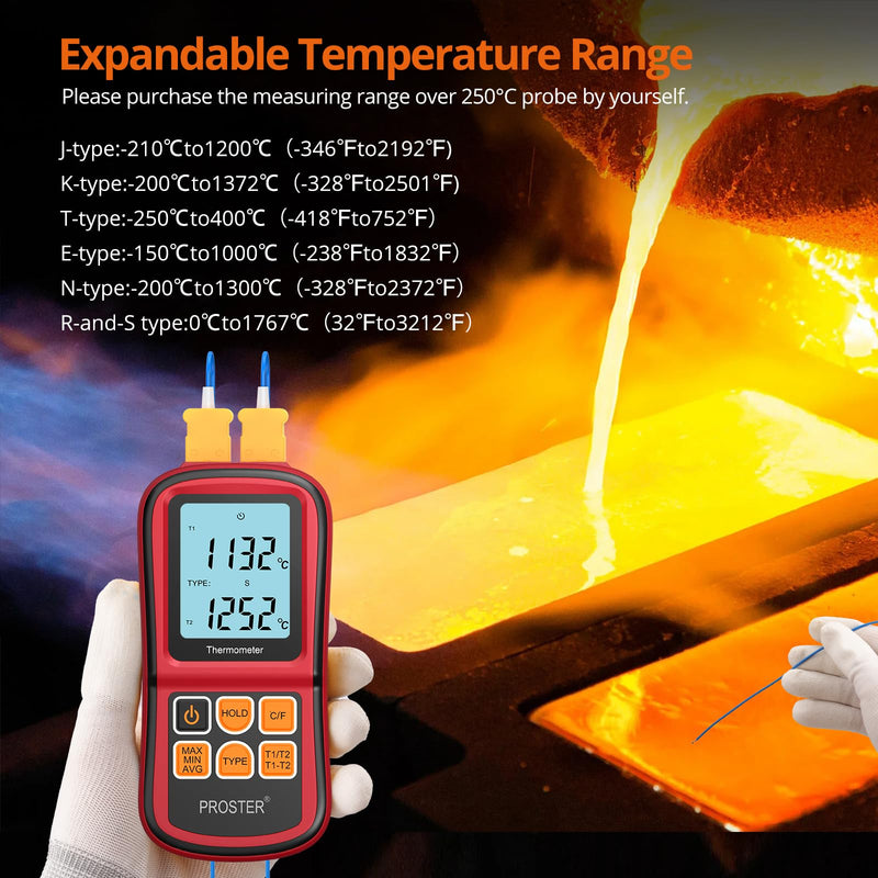 Proster Digital Thermocouple Temperature Thermometer Dual Channel - with Two K-Type Thermocouple Probe, Backlight LCD Thermometer for K J T E R S N Type Red