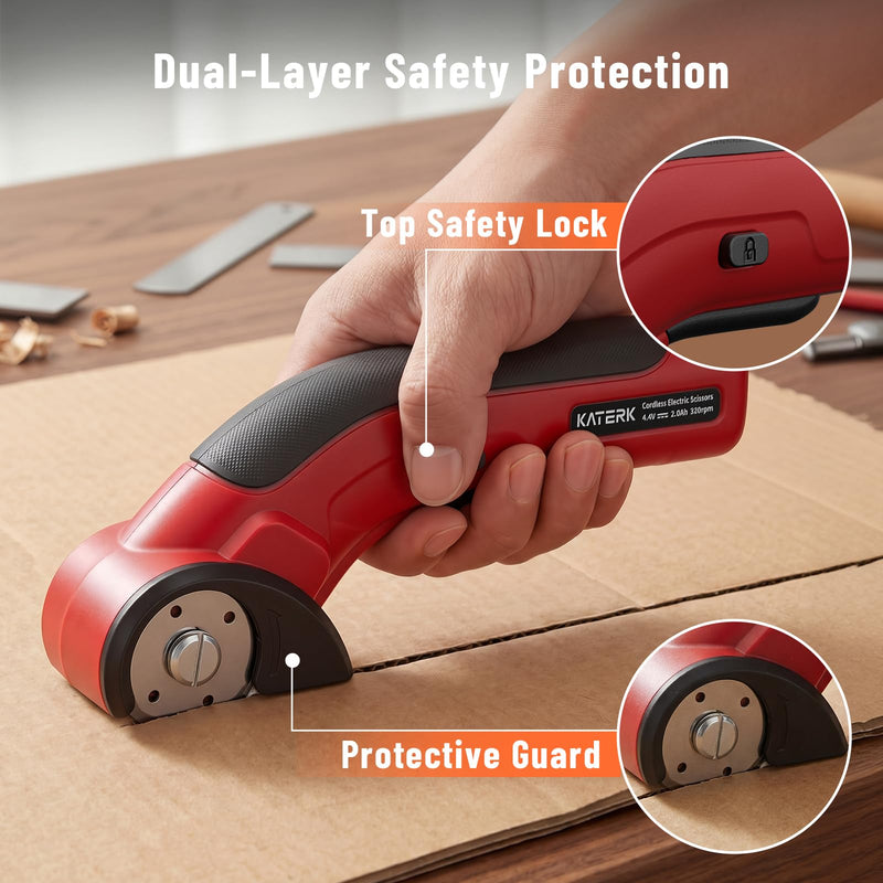 Katerk 4.4V Cordless Electric Scissors, Cardboard Cutter Electric with 2pcs Blade, USB-Rechargeable Powerful Fabric Cutter, Power Shears, Electric Scissors for Cardboard, Leather, Carpet, Plastic,Felt Red