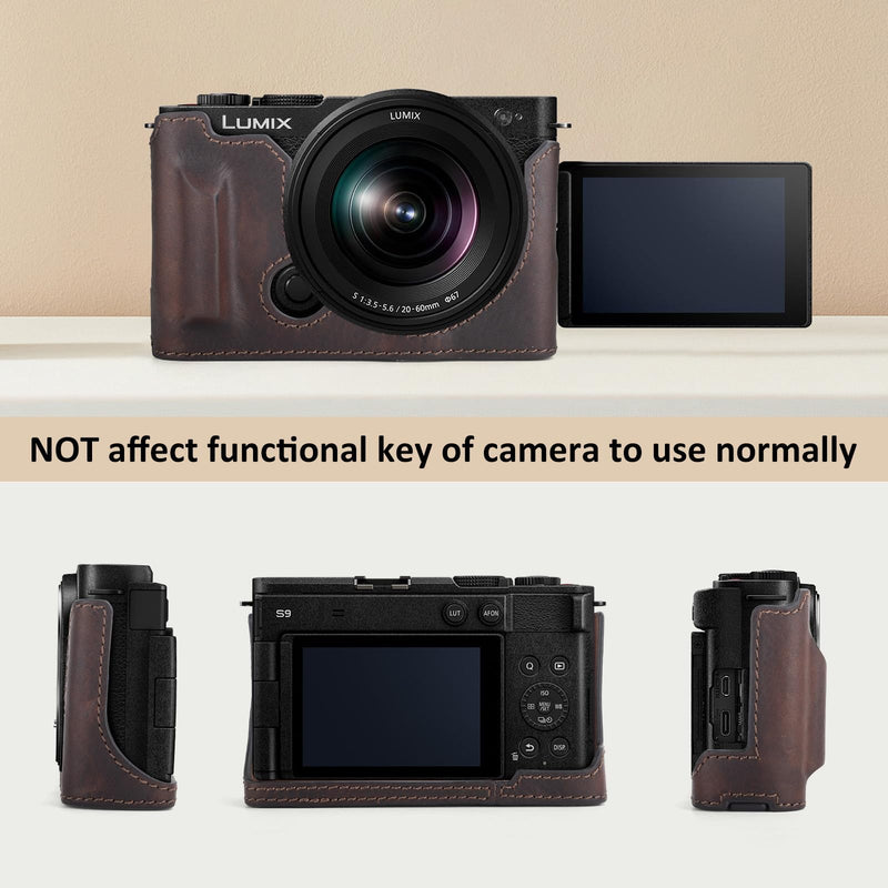 MUZIRI KINOKOO Half Case Compatible for Panasonic Lumix DC-S9 Camera, Genuine Leather Protective Cover for Lumix S9 Mirrorless Camera - with Opening Bottom and Hand Grip Design - Coffee