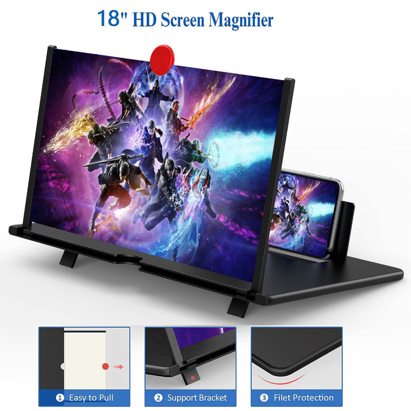 18" Screen Magnifier for Cell Phone,3D Magnifying Projector Screen Enlarger Expander for Movies, Videos, and Gaming, Foldable Phone Stand with Screen Amplifier, Compatible with All Smartphones Bkack-18inch