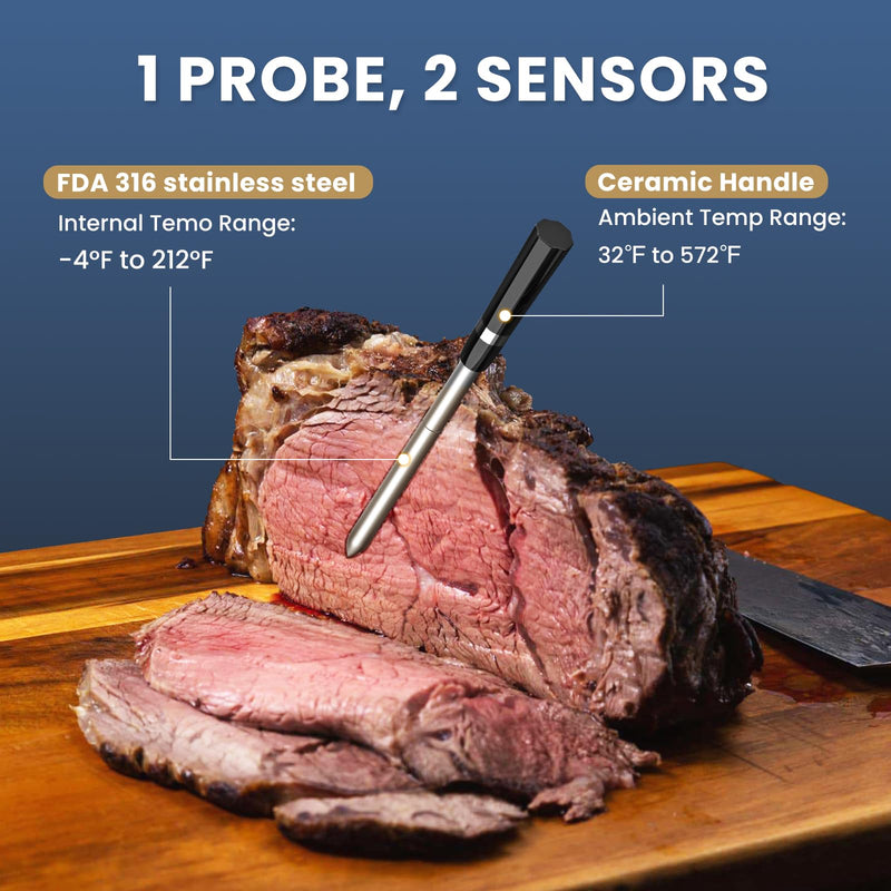 Wireless Meat Thermometer for Grilling and Smoking, CP10 New Gen 500FT Meat Probe Thermometers, Dual Sensor, Dual Alarm, Smart Food Thermometer Probe for BBQ, Oven, Grill, Smoker, Sous Vide Black