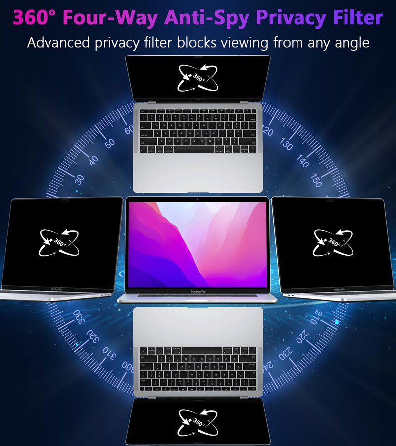 PYS 4-Way Privacy Screen for MacBook Pro 13 Inch (2016-2022, M1, M2) & MacBook Air 13 Inch (2018-2021, M1) - 360° Anti-Spy Filter, Matte Anti-Glare Protector, Scratch-Resistant Film, Laptop Privacy Filter Shield Black