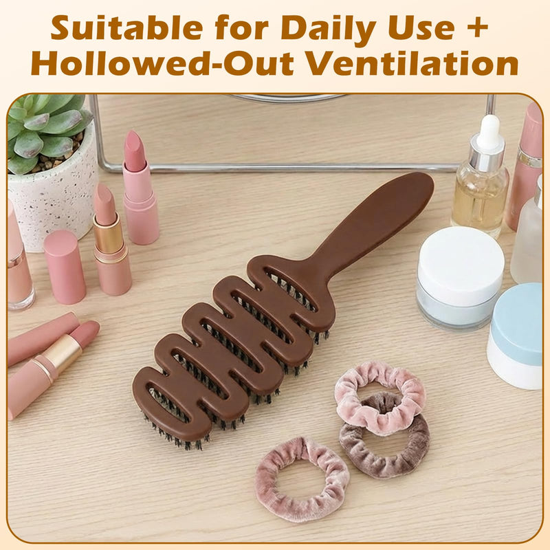 Bristle Hair Brush, Slick Back Styling Brush with 10° Concave Design, 5-Hole Hot Air Flow for Quick Drying, Detangling & Anti-Frizz, Scalp Massage Hairbrush Suitable for All Hair Types Brown