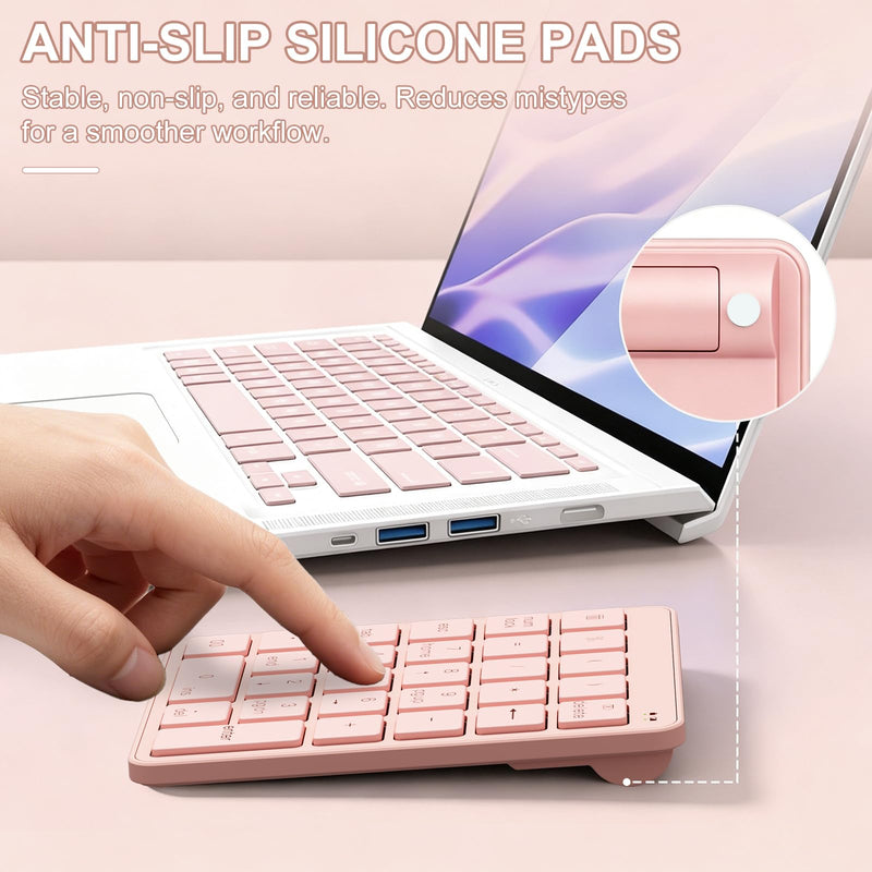 Wireless Number Pad with USB to USB-C Adapter, Numeric Keypad Numpad 28 Keys Portable 2.4 GHz Accounting Number Keyboard, 10 Key USB Keypad for Laptop, PC, Desktop, Surface Pro, Notebook - Pink