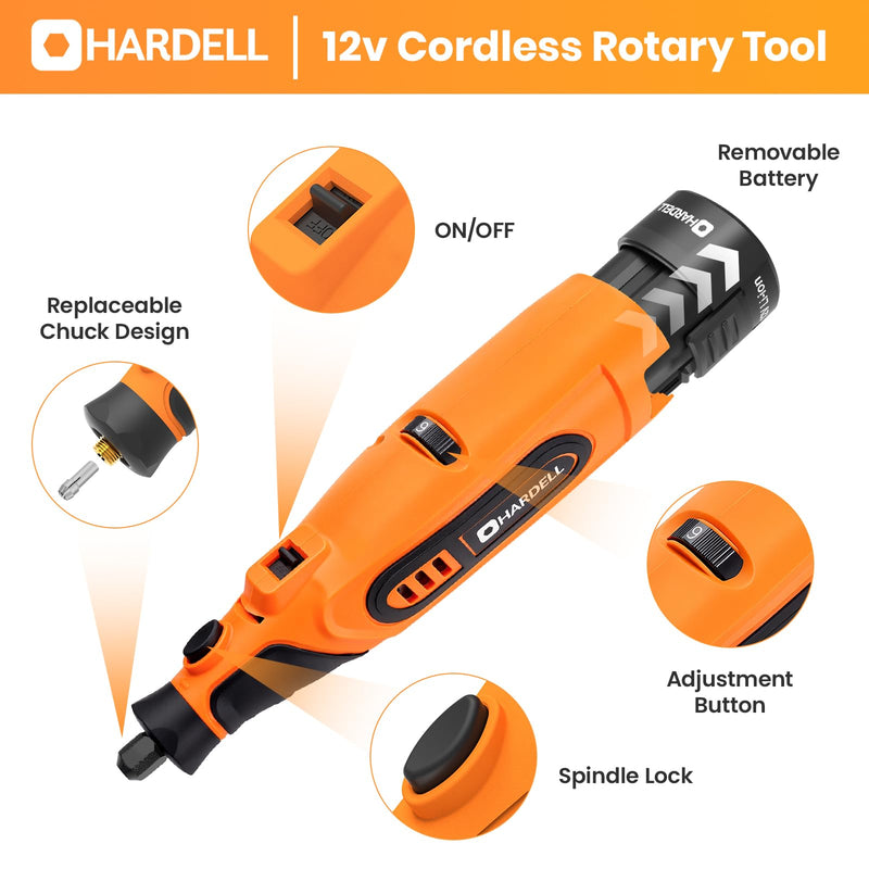 HARDELL Upgrade 12V Cordless Rotary Tool Kit 6-Speed 10000-25000RPM 43 Pcs | Removable Battery 1500mAh Long Runtime for Sanding Polishing Drilling Cutting DIY 12.0 Volts