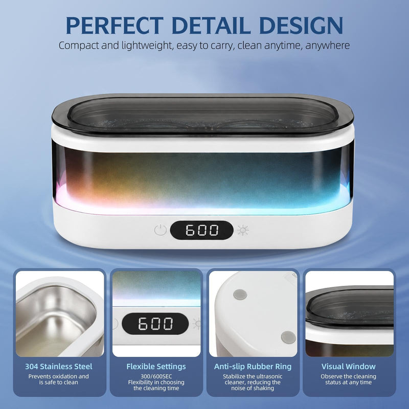 Ultrasonic Jewelry Cleaner 48KHz with RGB Lights for Eyeglasses, Rings, Watches, Dentures, 350ML 304 Stainless Steel Tank, Dual Modes Professional Sonic Cleaner Gift for Wife,Mom,Daughter White
