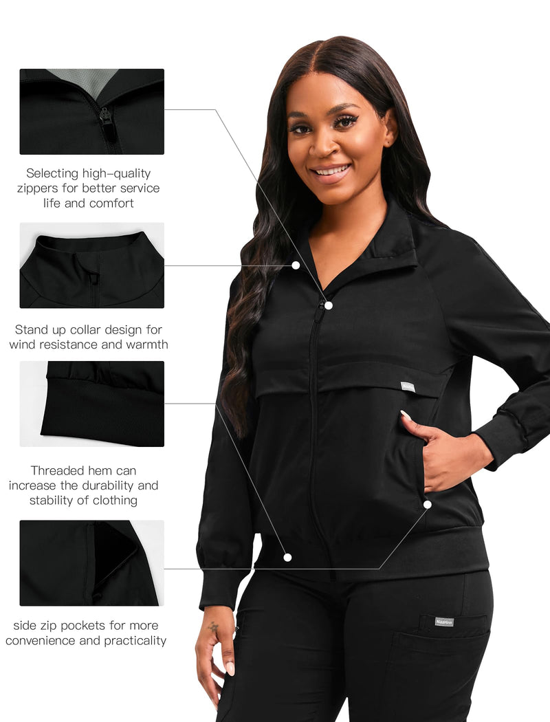 Scrubspro Scrub Jackets long Sleeve Medical Scrub Jackets for Women Zip Front Black Small