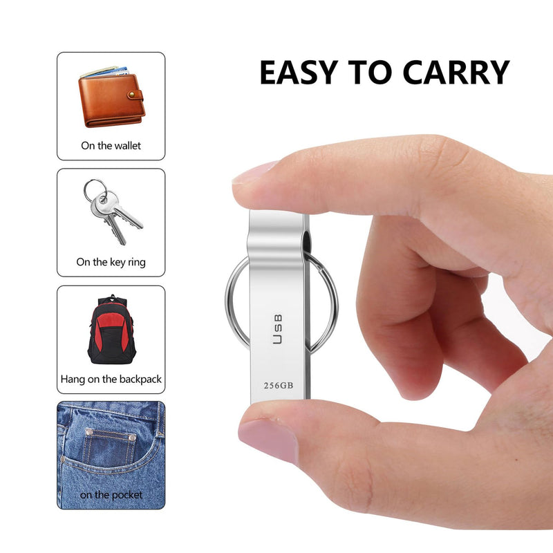 USB Flash Drive 256GB Waterproof USB Stick High Speed Memory Stick 256GB Ultra Large Storage Metal Thumb Drive with Keychain Design for Laptop Computer Tablet
