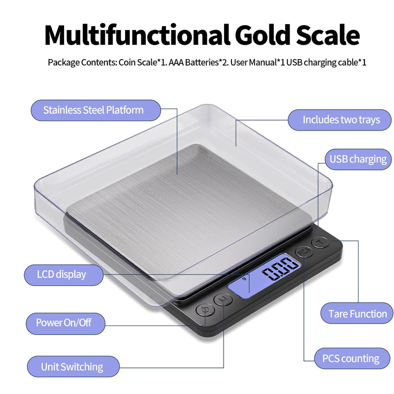 SKEAP Coin Scale to Weigh Coins, 1kg/0.01g High Accuracy Gram Scale for Coin Collectors, Gold and Jewelry, with USB Charging, LCD Display, PCS Counting, Includes Charging Cable and AAA Batteries Black,1kg /0.01g