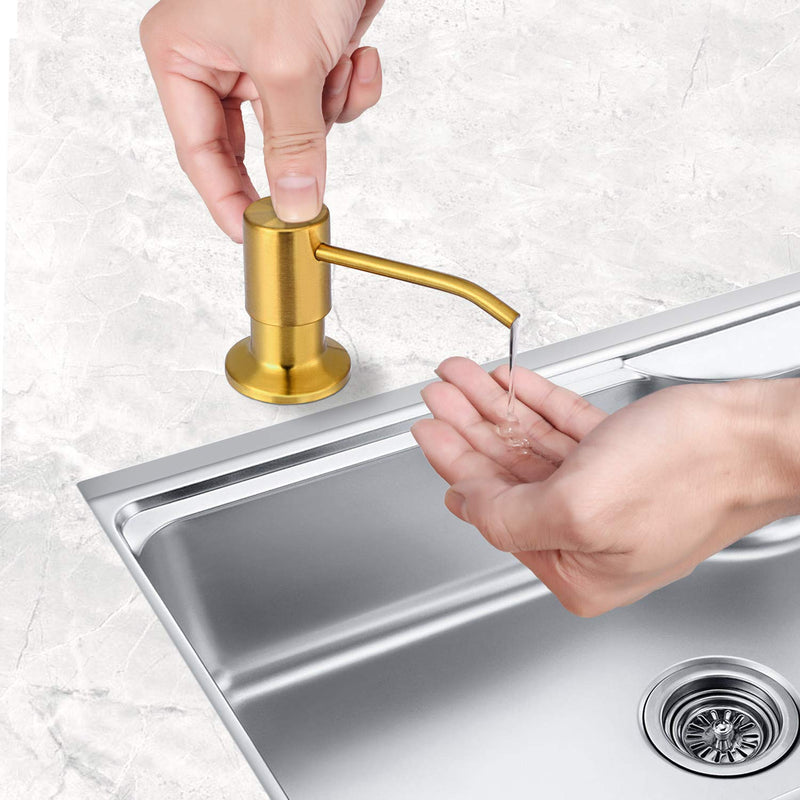 SAMODRA Soap Dispenser for Kitchen Sink, Premium Stainless Steel Pump Head 17 OZ Bottle 3.15 Inch Threaded Tube for Granite Thick Deck Installs (Brushed Brass) Gold
