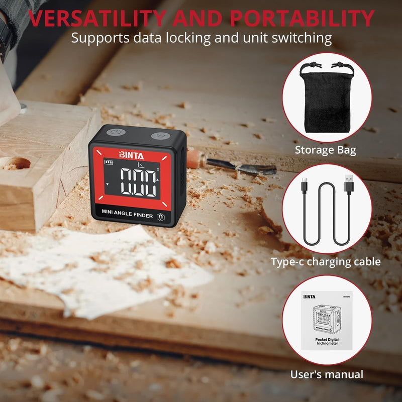 BINTA Small Digital Angle Finder Magnetic, Rechargeble IP54 Waterproof Dustproof Digital Angle Gauge Inclinometer, Portable Backlight Angle Measuring Tool for Woodworking, Construction, Machinery, DIY Black and Red
