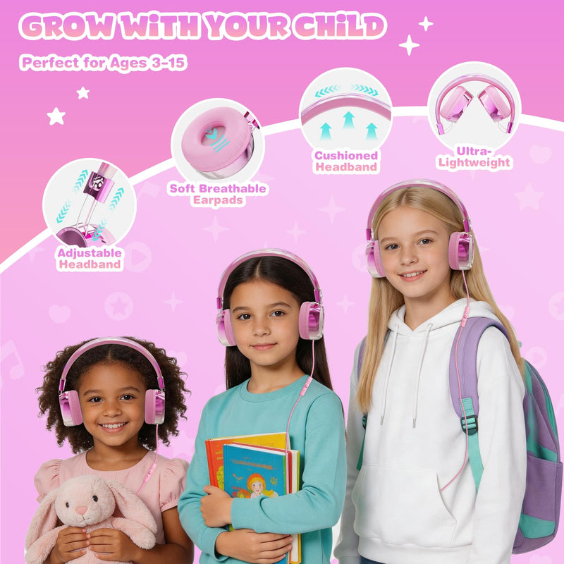 Owliwise Kids Headphones for School Travel, Safe 85/94dB Volume Limiter, HD Microphone, Over-Ear Foldable Headphones for Kids, Boys Girls, 3.5mm Wired for iPad Cord Tablet Computer, Aura Series Pink