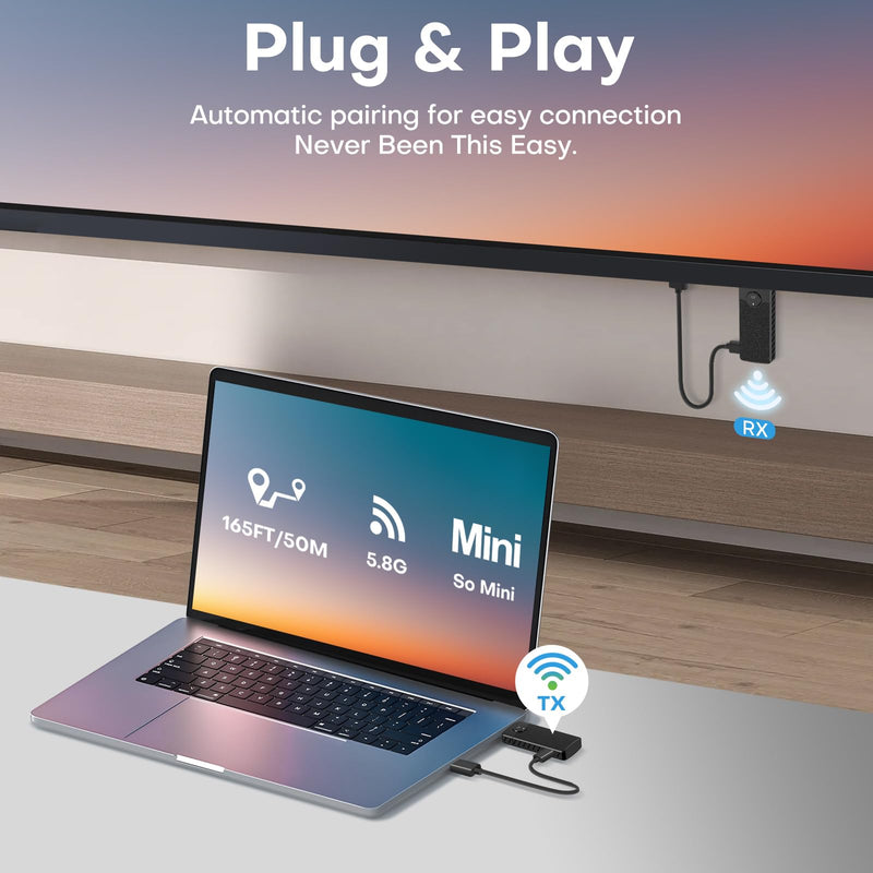 Wireless HDMI Transmitter and Receiver for Streaming Kit,Built-in Antenna Low-latency transmission of 1080P HD video streams,Video/Audio to Monitor from PC,Auto Pairing for Laptop/TV/Monitor/Projector Vertical Grain Black