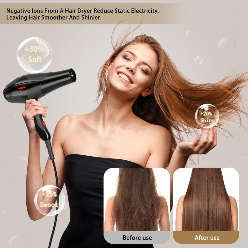 Hair Dryer, 3000W Professional Ionic Hairdryer for Women Men, Fast Drying Blow Dryer with Diffuser 2 Speed 3 Heat Setting and Cool Button for Salon Home Hair Styling Black
