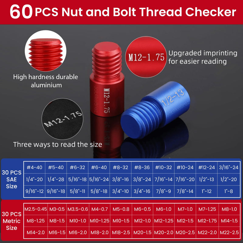 Thread Checker, 60pcs Nut and Bolt Thread Checker, 30 Inch & 30 Metric Box Set Thread Gauge, Thread Checker Standard and Metric Suitable for Size Checker of Bolts or Nuts in Narrow Areas 60PCS Thread Checker Red