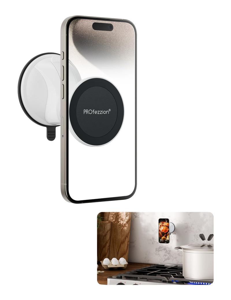 PROfezzion Multi-Surface Suction Mount Compatible with MagSafe iPhone 15 14 13 12 & All Phones, Detachable Hands-Free Phone Holder for Mirror, Glass, Bathroom, Kitchen, Selfies, Videos & More - White