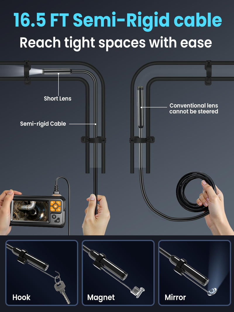 Endoscope Camera with Light, 4.3" IPS Screen 1080P Borescope with 8 LED Lights, 16.5 FT Semi-Rigid Cable Snake Camera, IP67 Waterproof Sewer Inspection Men Tool Single Lens P100-Single lens