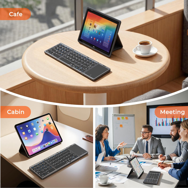 MEETION Foldable Bluetooth Keyboard with Touchpad, Portable Wireless, Gray | Ultra-slim rechargeable folding keyboard with built-in touchpad, full-size keys, idea for travel, iOS/Android/Windows Grey Black