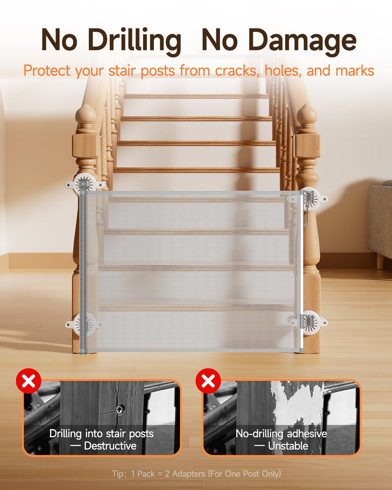 No Drill Baby Gate Banister Adapter, Upgraded Mounting Kit for Stairway, Fits Round & Square Posts 1.5"–3.5", for Most Baby & Dog Gates, No Holes in Your Posts, White
