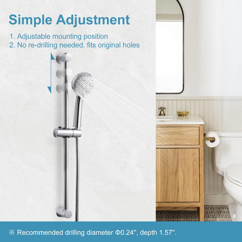 OFFO Shower Slide Bar Combo, Adjustable 21 in Slide Bar with 3-Mode Round Handheld Shower Head and 60 in Stainless Steel Hose, Screw Wall Mounted, Chrome Finish Round 21" Slide Bar & 60" Hose