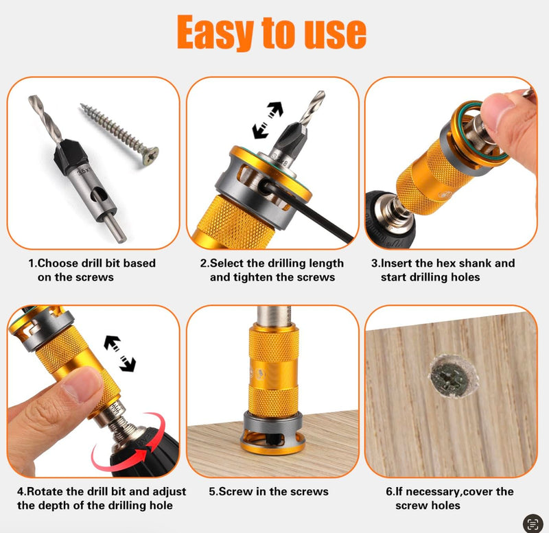 Countersink Drill Bit Set with Depth Stop 4PCS, HCS Four Blades Countersink Bits with Quick Adjust Depth Stop and L Shape Wrench, Wood Countersink Bit Set for Wood, Plastic, Woodworking 4PCS Four Blades Countersink Bits with Phillips Bit(Upgraded)
