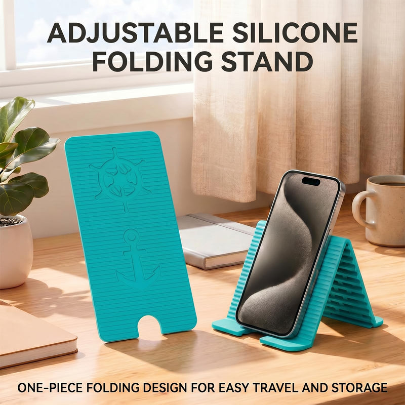 Adjustable Foldable Silicone Phone Stand, Cyan Blue, with Charging Port, Non-Slip Desk Holder for iPhone, Samsung, Tablets 1