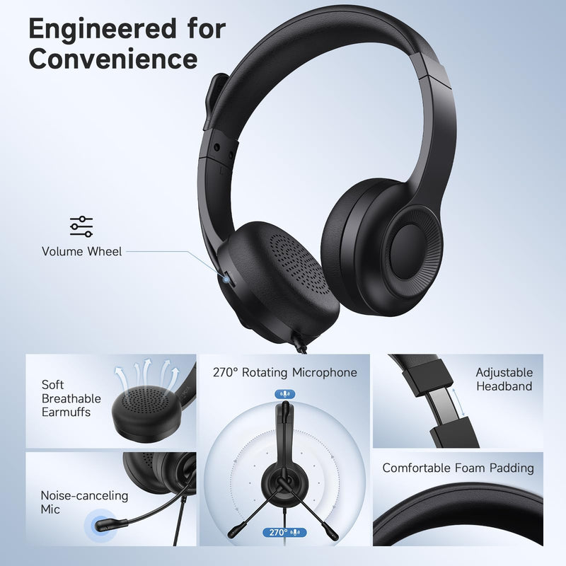 AOC USB Headset with Microphone for PC, On-Ear Wired Headphones with Mic | with Noise-Cancelling, 40mm Audio Drivers, USB-A Computer Headset for Office, Teams, Call Centers & Online Meetings (Black) Black
