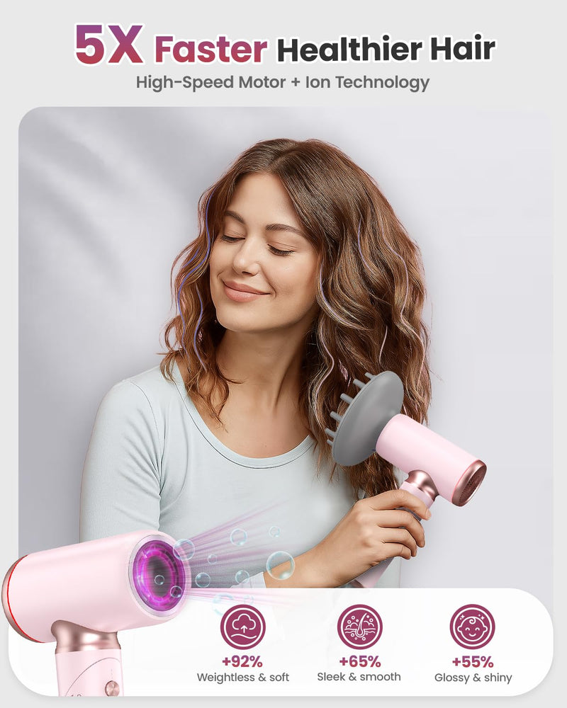  [AUSTRALIA] - Travel Hairdryer Dual Voltage-Foldable Hair Dryer Mini with Magnetic Diffuser Fast Drying, Portable Ionic Pink Hairdryers for Women,1300W, 100-240V, High-Speed
