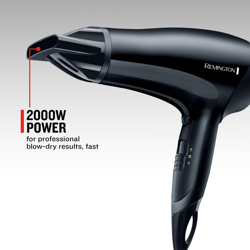 Remington D3010 Power Dry Lightweight Hair Dryer, 2000 W, Black | Three Heat and Two Speed Settings, Eco Setting, Ceramic Ionic Grille, Removable Easy-Clean Grille D3010 Remington Power Hair Dryer