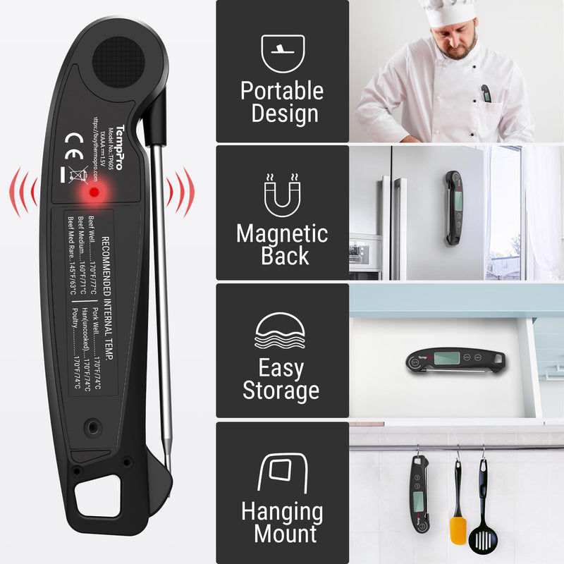 TempPro TP605 Instant Read Meat Thermometer for Cooking, Waterproof Digital Food Thermometer with Large Backlit LCD, Kitchen Thermometer for Grilling, Smoking & Candy Making (Previously ThermoPro) Black