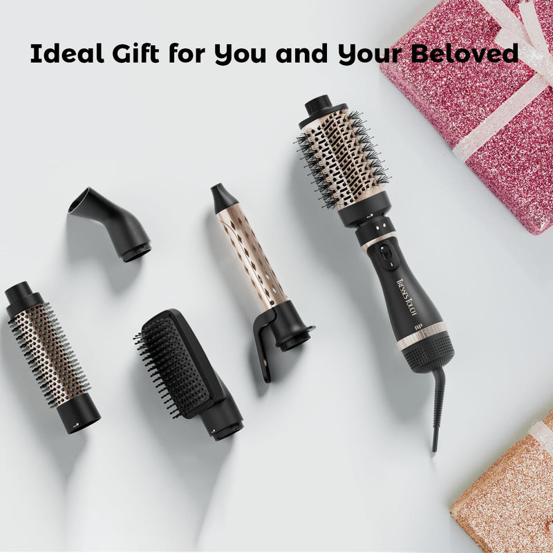 Hair Dryer Brush, 5-in-1 Blow Dry Hair Brush, Multi Hot Air Styler for Drying and Styling Volumizing Curling Sleeking in One Step, Ceramic Coating, Less Frizz, 3 Temperatures, UK Plug, Black Gold