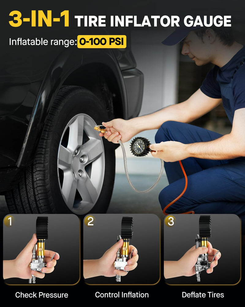 Vondior Tire Inflator with Pressure Gauge(0-100 PSI) - ANSI B40.1 Accurate, Large 2" Glow Dial, Premium Braided Hose, Durable Rubber Hose, Perfect for Any Car, Truck, Motorcycle, RV Analog 0-100 PSI