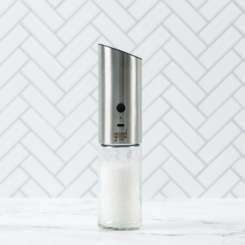Grind Gourmet Automatic Electric Salt or Pepper Grinder Mill, USB Rechargeable, Adjustable Coarseness, One-Handed Operation, Stainless Steel