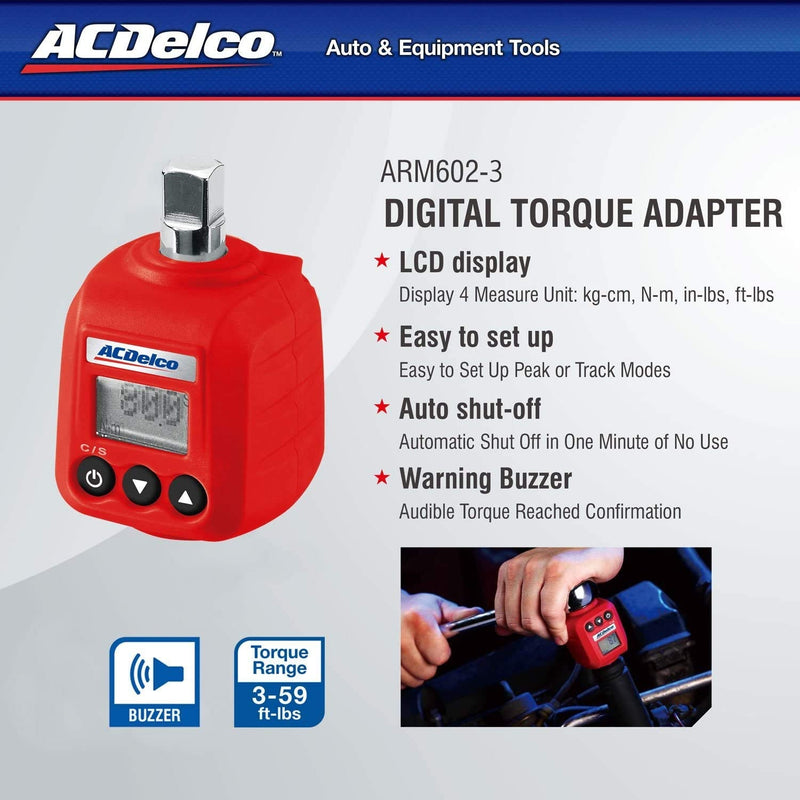 ACDelco 3/8” Digital Torque Adapter, 5.9-59 ft-lbs (8-80 Nm) Range, Audible Buzzer & LED Flash Notification, Includes ISO 6789 Calibration Certificate, ARM602-3