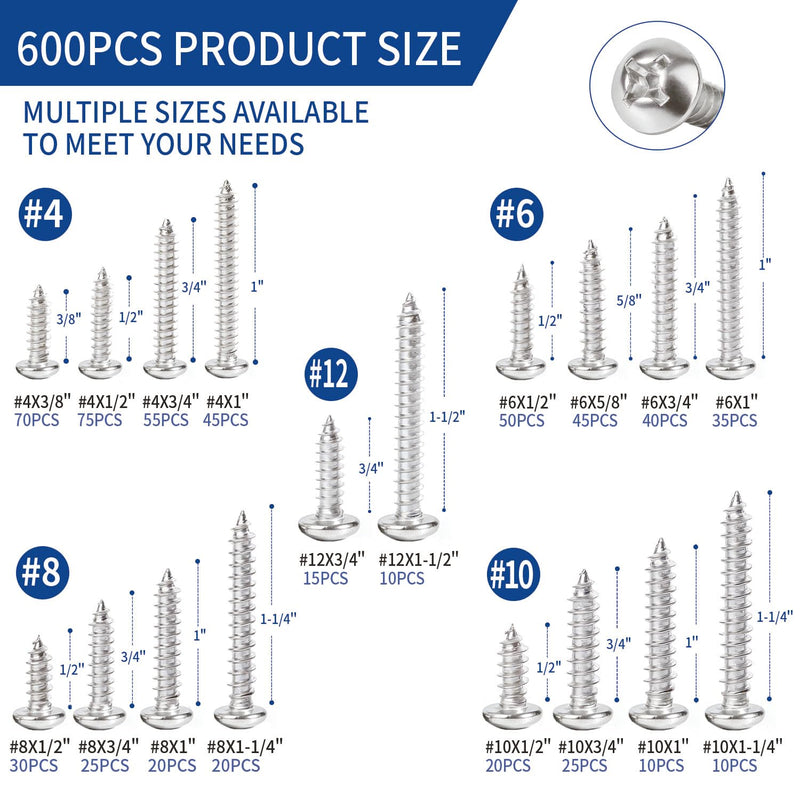 600 PCS 304 Stainless Steel Wood Screws Assortment Kit, Assorted Sheet Metal Screws #4/#6/#8/#10/#12 Phillips Pan Head Self-Tapping Screws Set, Assorted Wood Screws, Length 3/8" to 1-1/2" (Silver) Silver