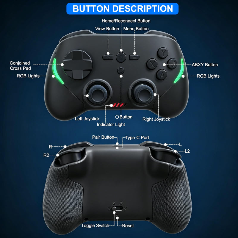 Wireless Gaming Controller for Android/iPhone/iPad/iOS/Tablet/Windows PC/Switch 2, Bluetooth Mobile Phone Gamepad with Hall Joysticks/Hall Triggers/RGB Lights/Vibration/Six-Axis Gyro/Xbox Cloud Game Black