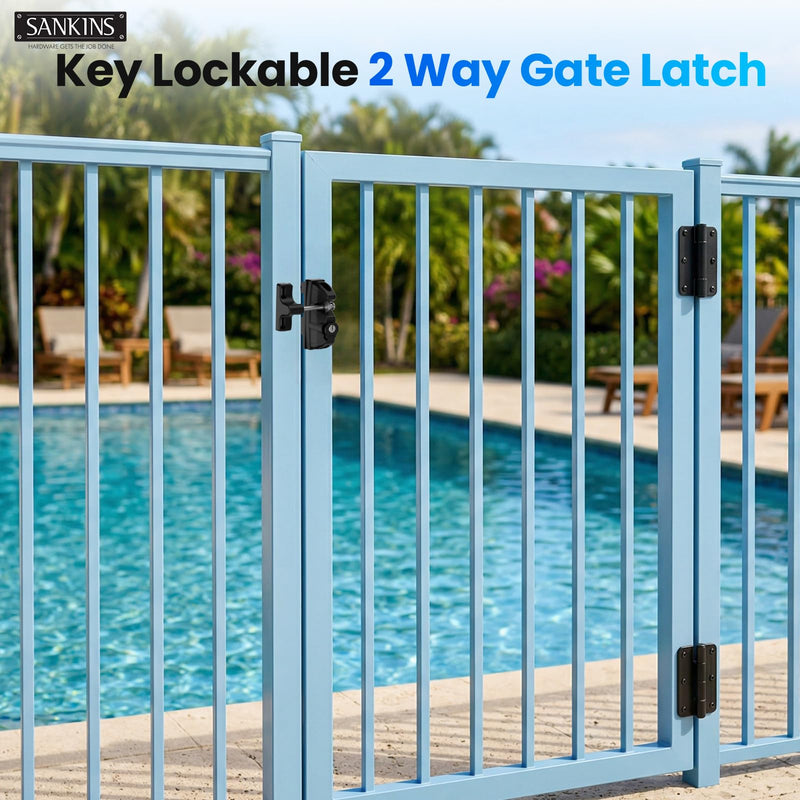 Key Lockable Double Sided Gate Latch for Wooden Fence, Gravity 2 Way Gate Latch Vinyl Fence Gate Lock, Two-Sided Keyed Lock Outdoor Gate Latch for Metal Gates, Vinyl Fence, Wood, Black