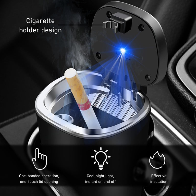 Car Ashtray, Detachable Stainless Steel Smokeless Ash Tray with LED Blue Light, Auto Ashtray with Lid Smell Proof Weed for Most Vehicles, Universal Interior Car Accessories