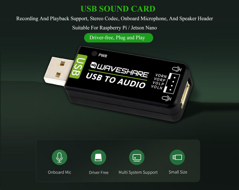 USB Audio Module USB Sound Card External Audio Converter Compatible with Raspberry Pi/Jetson Nano, Support Recording and Playback, Stereo Codec, Plug and Play, Comes with 8Ω 5W Speaker