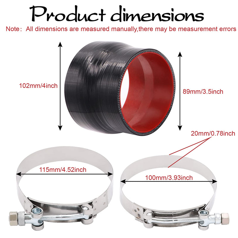 Straight ID 3.5 to 4 inch Black Silicone Reducer Coupler with 2 T-Bolt Clamps 4 Layers of Polyester Reinforcement Suitable High Level Turbo Pipe ID3.5-4" Straight Reducer