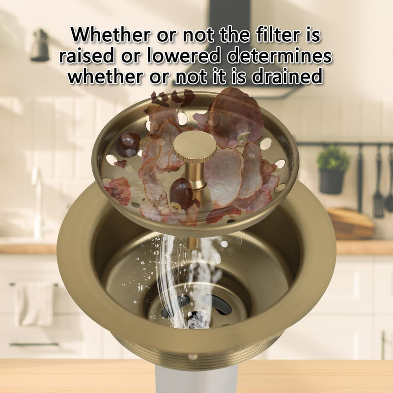 Uni-Green Champagne Bronze Kitchen Sink Drain for Standard 3-1/2 inch Drain - Fit 1-1/2 inch Pipe - Kitchen Sink Drain Strainer Stainless Steel Basket with Knob - Rubber Stopper Bottom