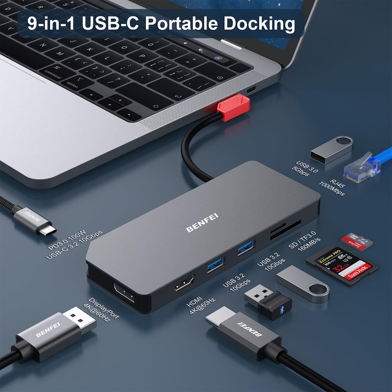 BENFEI 9in1 USB C MST Laptop Docking Station, USB-C Hub with HDMI DisplayPort Dual Monitor/3*USB Type-A/1*USB Type-C(10Gbps+100W PD)/SD/TF Card Reader/1*RJ45