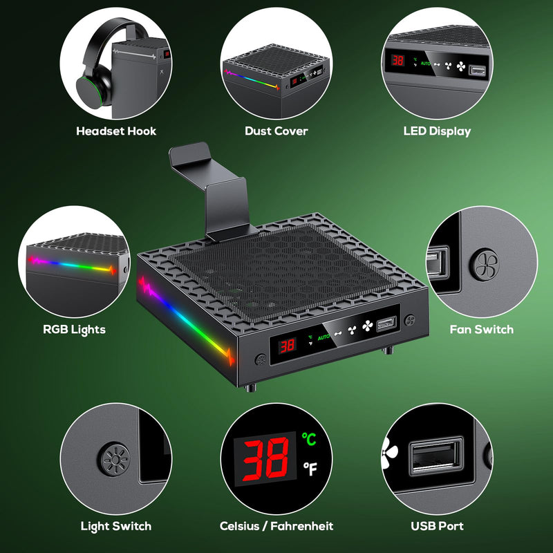 Auto Cooling Fan for Xbox Series X with LED Temperature Display&9 RGB Light | Smart Thermally-Adjustable Cooling System for Xbox Series X, 9 Lighting Modes, Cooler&Light Switch, Headset Hook, USB Port