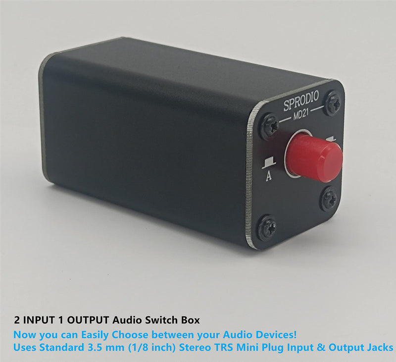 SPRODIO 2 Port Stereo 3.5mm Audio switcher selector Box Passive 1/8 TRS A/B Switch with Ground Switching MD21