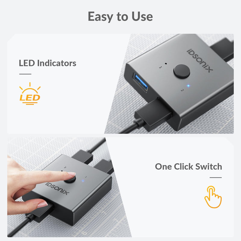 iDsonix USB 3.0 Switch Aluminum, Bi-Directional USB Switcher 1 in 2 Out (2 in 1 Out), Share 1 Device Between 2 Computers for Printer Mouse Keyboard, USB Sharing Switch Support CarPlay,Android Auto