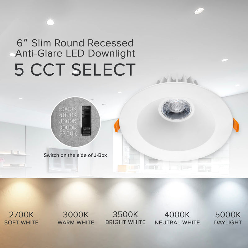 Maxxima 6 in. Ultra-Thin Recessed Anti-Glare LED Downlight, Canless IC Rated, 1300 Lumens, 5 Color Temperature Selectable 2700K/3000K/3500K/4000K/5000K, Dimmable, 90 CRI, 5 CCT Slim, J-Box Included White