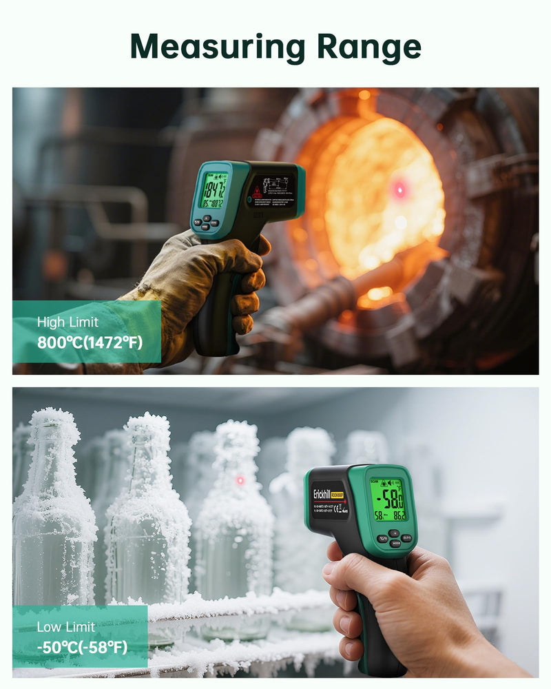 ERICKHILL Infrared Thermometer Gun, Dual Mode IR Laser Thermometer with -50°C~800°C and Meat Probe (-50°C~300°C), Non-Contact Digital Thermometer for Cooking, BBQ, and Industrial Use IR Thermometer & Probe